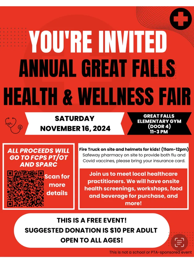 A red flyer with black and white text